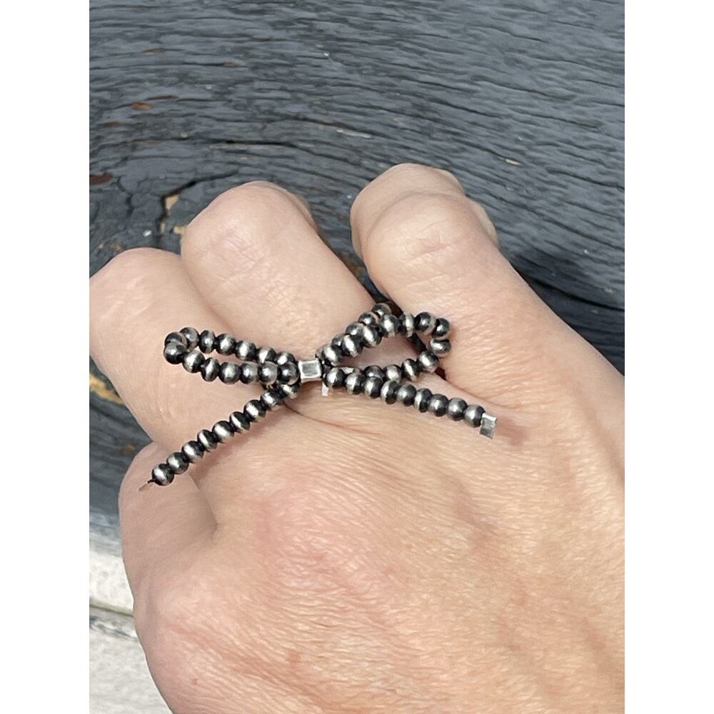 Navajo Pearl Style Sterling Silver BOW Stretch Ring Desert Pearl Bead Adjustable